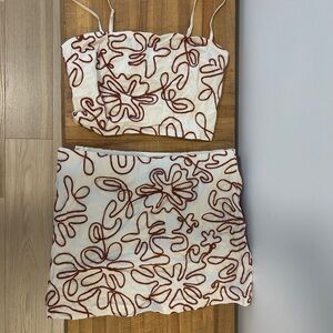 Dynamite Cream and Brown Embroidered Skirt Set